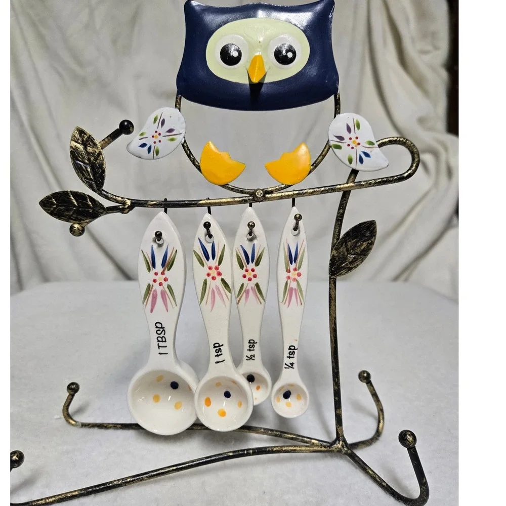 Ceramic Owl Measuring Spoons Set with Metal Branch Display Stand 5 Piece Set